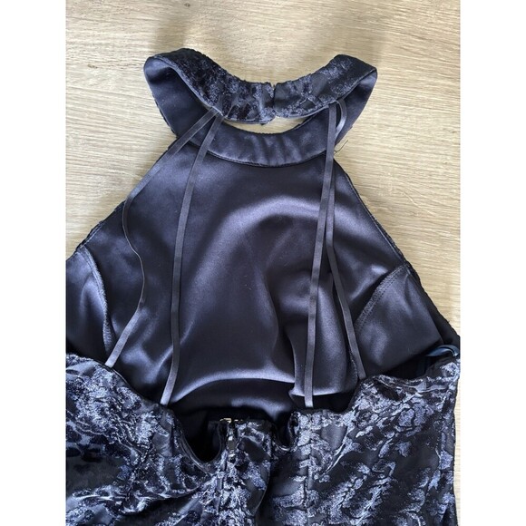City Triangles WhimsiGoth Mini Dress Burnout Velvet Navy Blue Halter Top, A Line - Picture 5 of 10